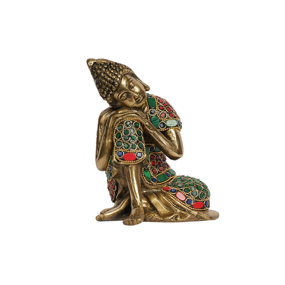 Handcrafted Brass Meditating Buddha Statue with Stone Work