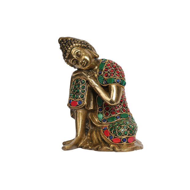 Handcrafted Brass Meditating Buddha Statue with Stone Work