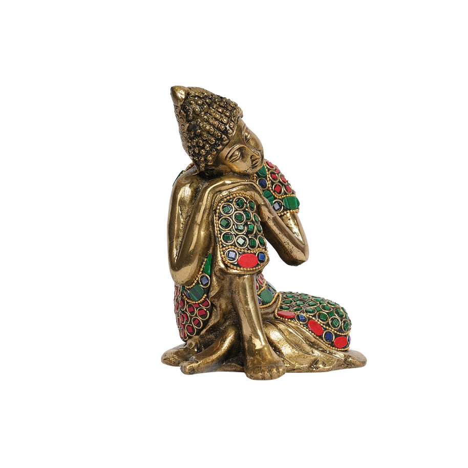 Handcrafted Brass Meditating Buddha Statue with Stone Work