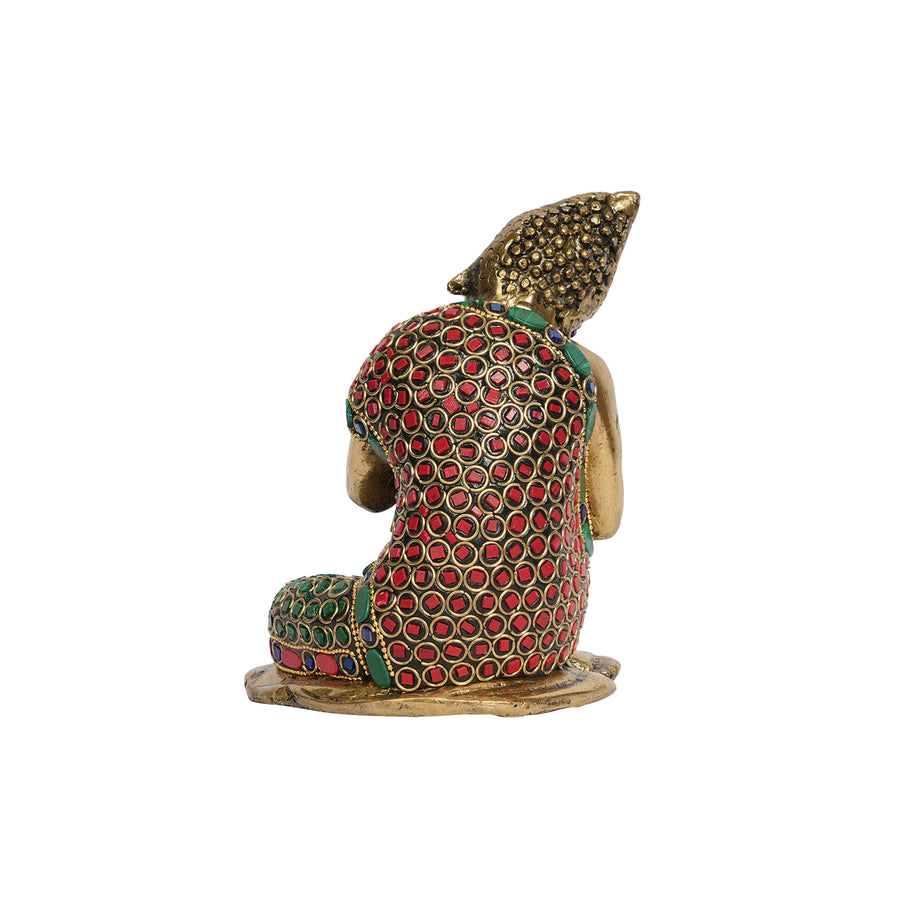 Handcrafted Brass Meditating Buddha Statue with Stone Work