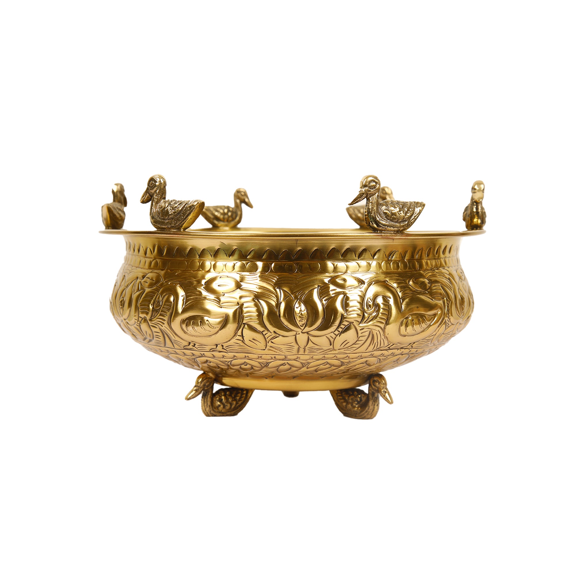 Brass Urli with Embossed Duck & Lotus Flower Design