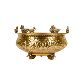 Brass Urli with Embossed Duck & Lotus Flower Design