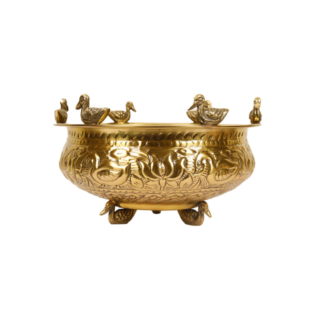 Brass Urli with Embossed Duck & Lotus Flower Design