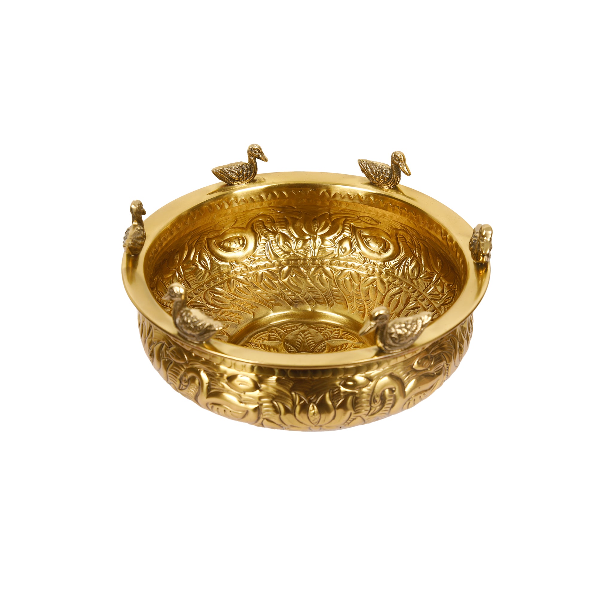 Brass Urli with Embossed Duck & Lotus Flower Design