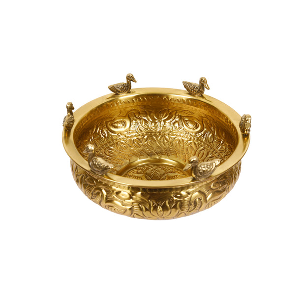 Brass Urli with Embossed Duck & Lotus Flower Design