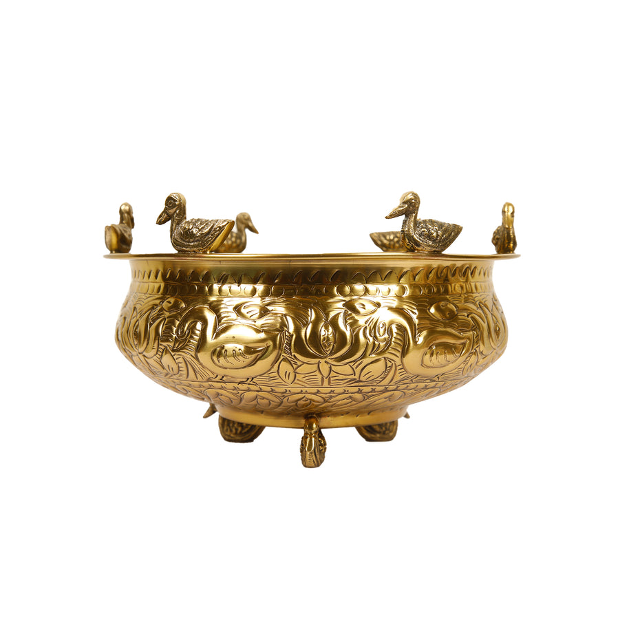 Brass Urli with Embossed Duck & Lotus Flower Design