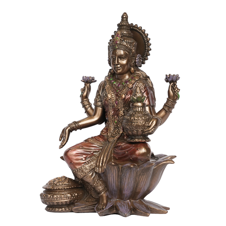 Poly Resin Goddess Lakshmi Idol Sitting on Lotus with Kalash for Home Décor