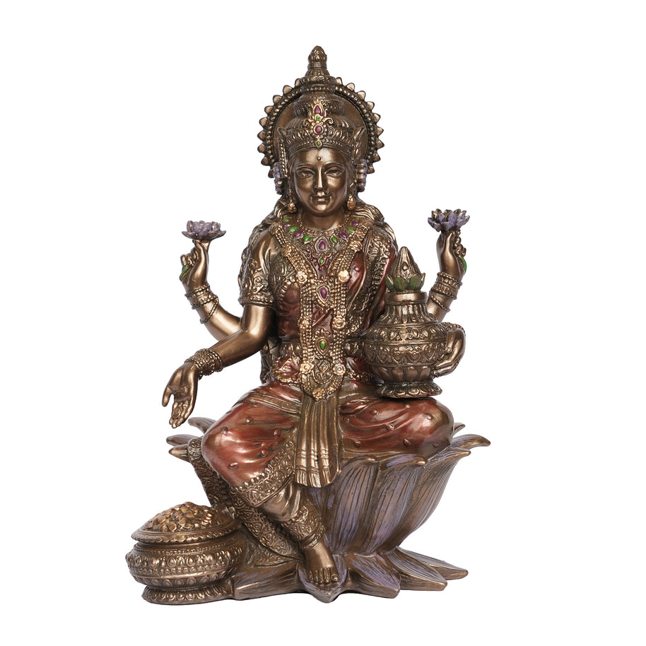 Antique Finish Goddess Lakshmi Sitting on Lotus with Kalash Resin Idol for Home Décor & Pooja