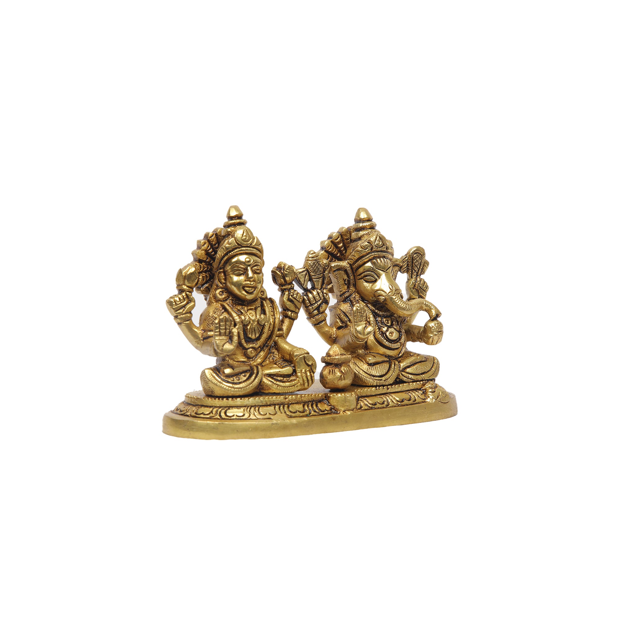 Brass Ganesha Lakshmi Sitting On Single Base