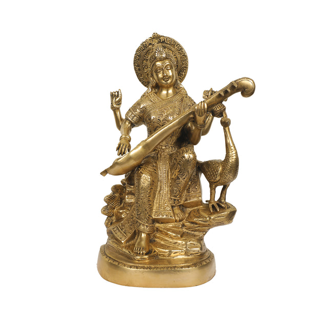 BRASS 15 IN  SARASWATHI WITH BASE