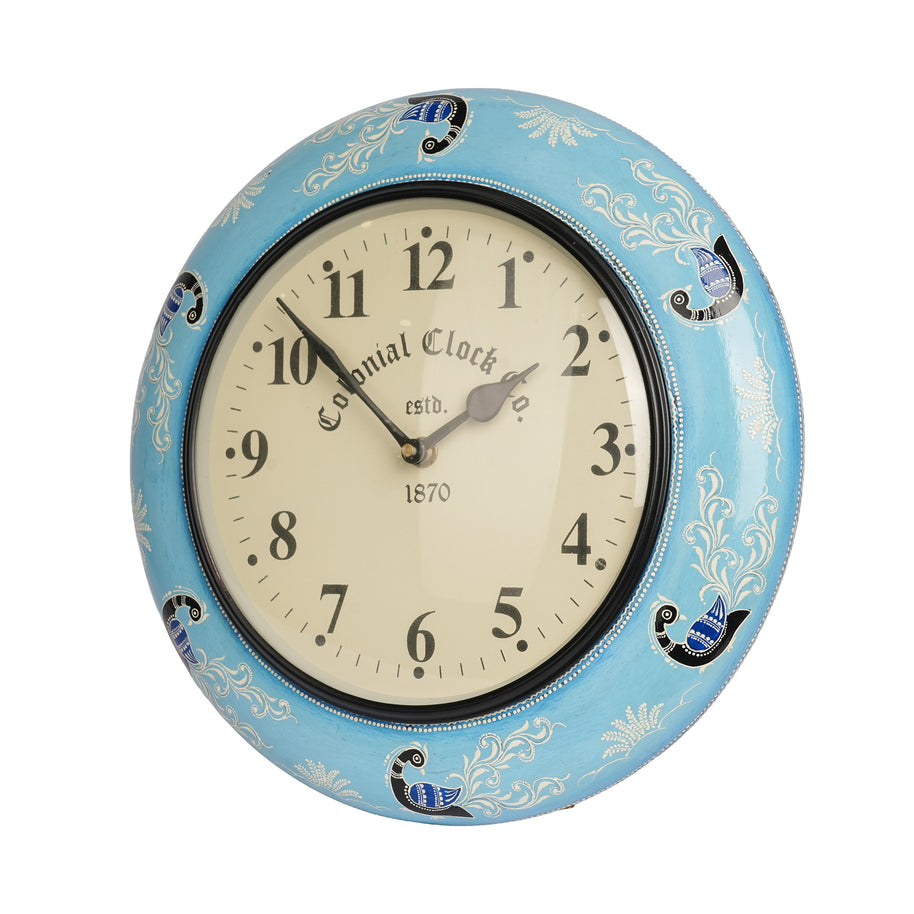 Blue Peacock Round Decorative Wall Clock – Vintage Wooden Wall Clock for Home Décor