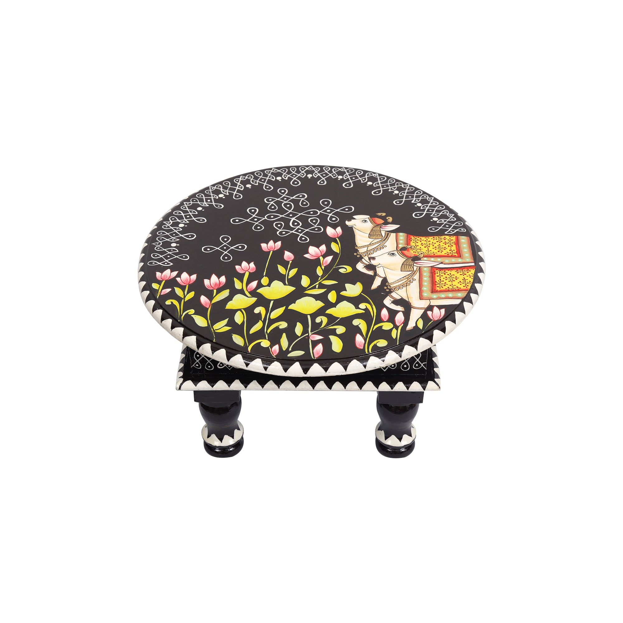 WOODEN COW WITH RANGOLI CHOWKI