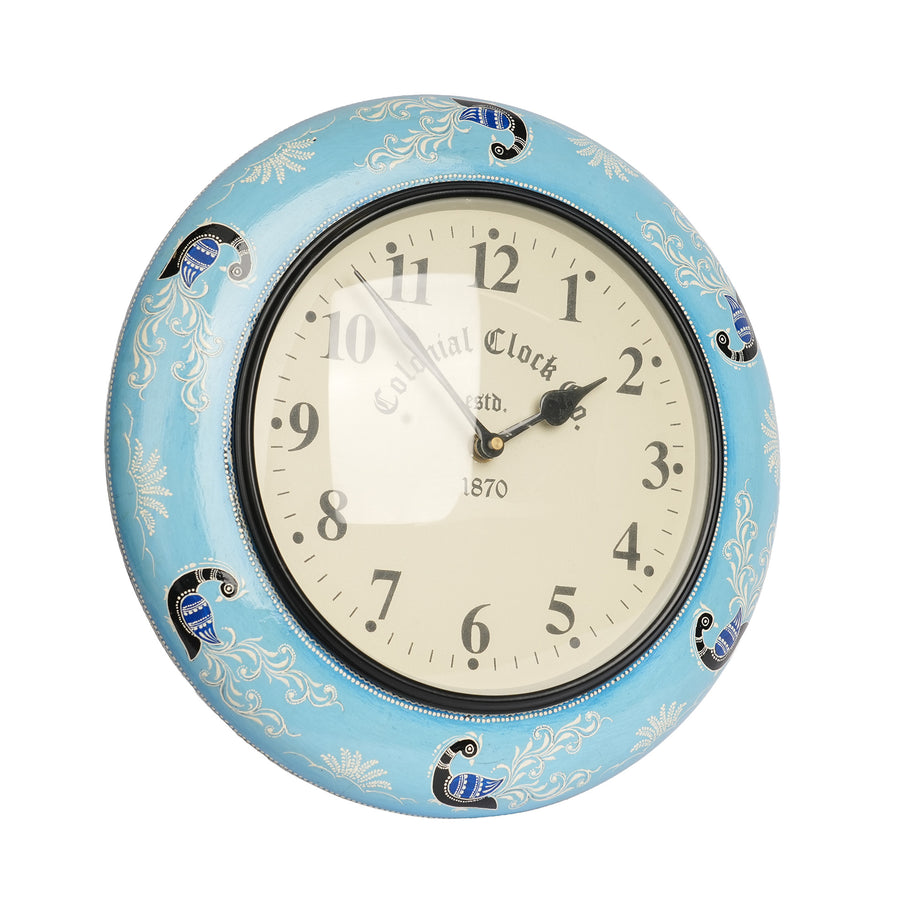 Blue Peacock Round Decorative Wall Clock – Vintage Wooden Wall Clock for Home Décor