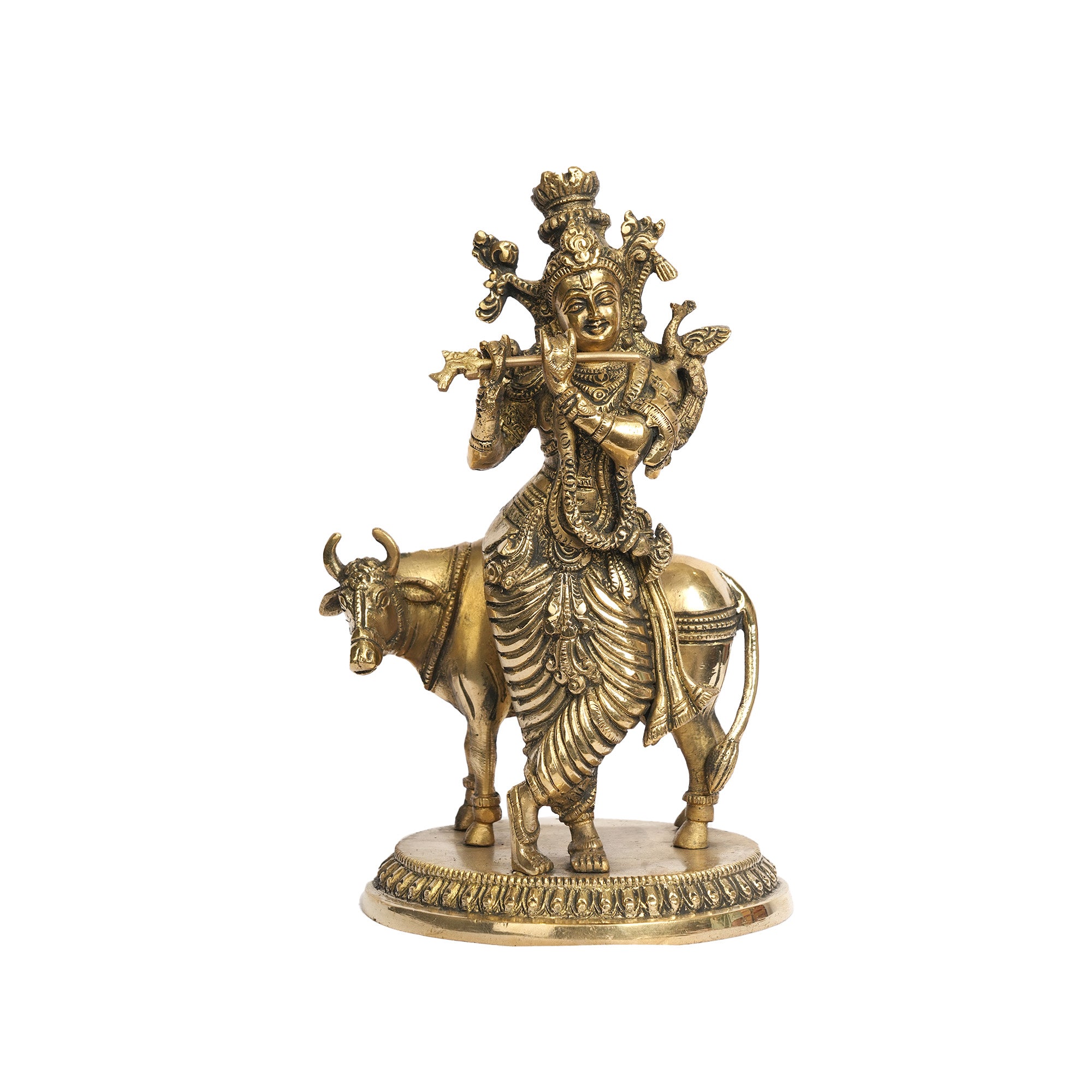 Handcrafted Brass Lord Krishna with Cow Idol – Antique Finish Standing