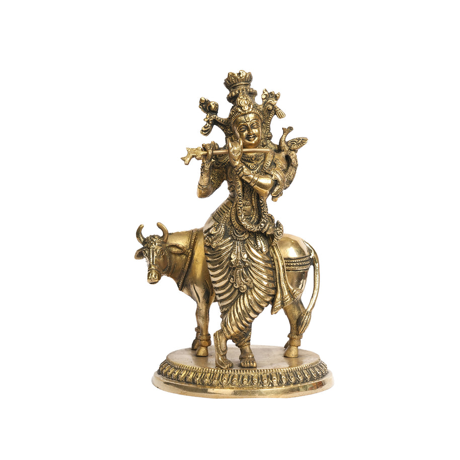 Handcrafted Brass Lord Krishna with Cow Idol – Antique Finish Standing