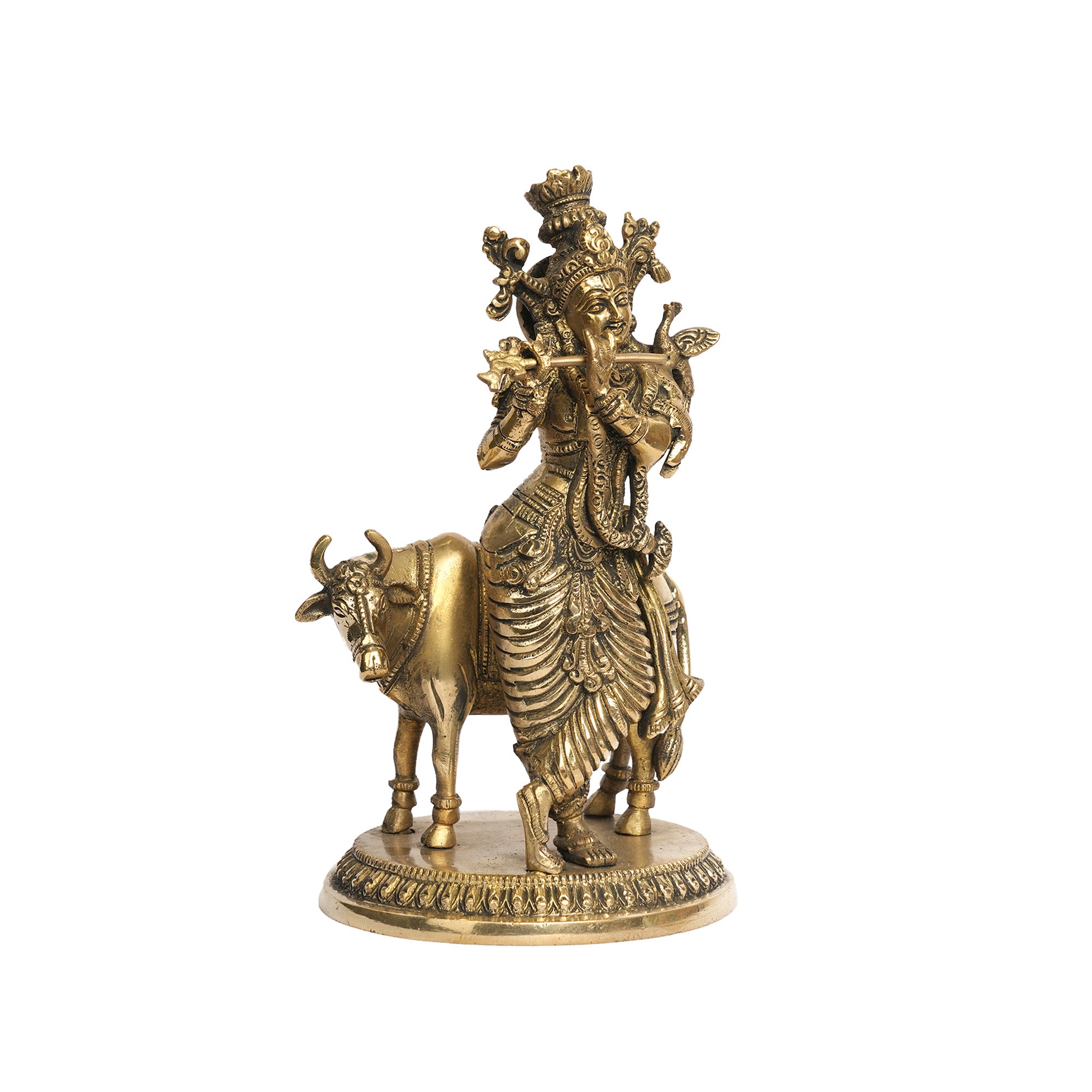 Handcrafted Brass Lord Krishna with Cow Idol – Antique Finish Standing