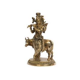 Handcrafted Brass Lord Krishna with Cow Idol – Antique Finish Standing