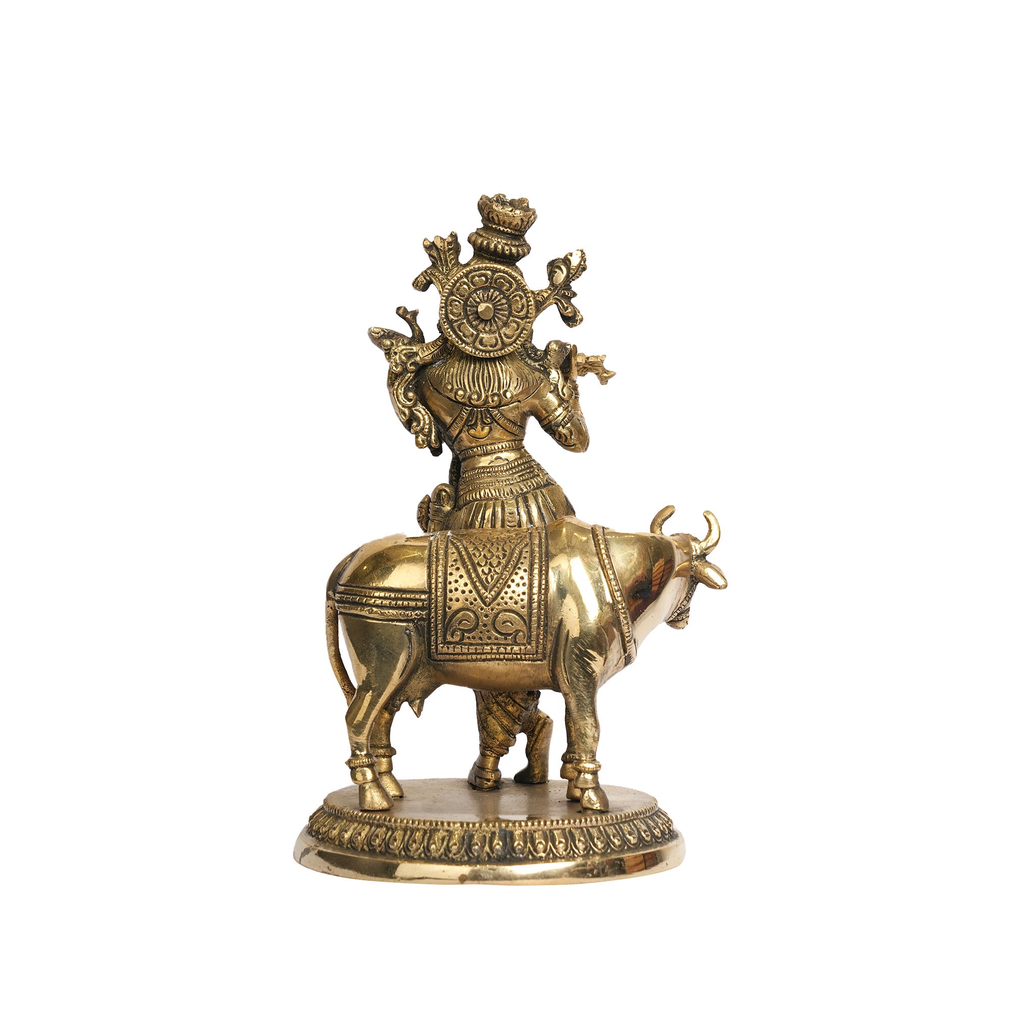 Handcrafted Brass Lord Krishna with Cow Idol – Antique Finish Standing