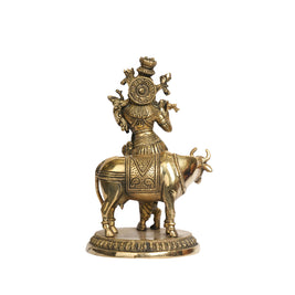 Handcrafted Brass Lord Krishna with Cow Idol – Antique Finish Standing