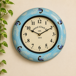 Blue Peacock Round Decorative Wall Clock – Vintage Wooden Wall Clock for Home Décor