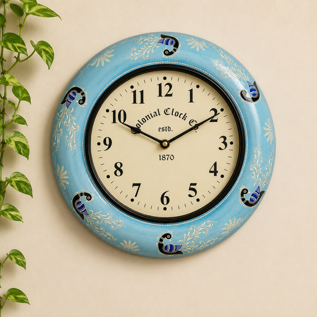 Blue Peacock Round Decorative Wall Clock – Vintage Wooden Wall Clock for Home Décor
