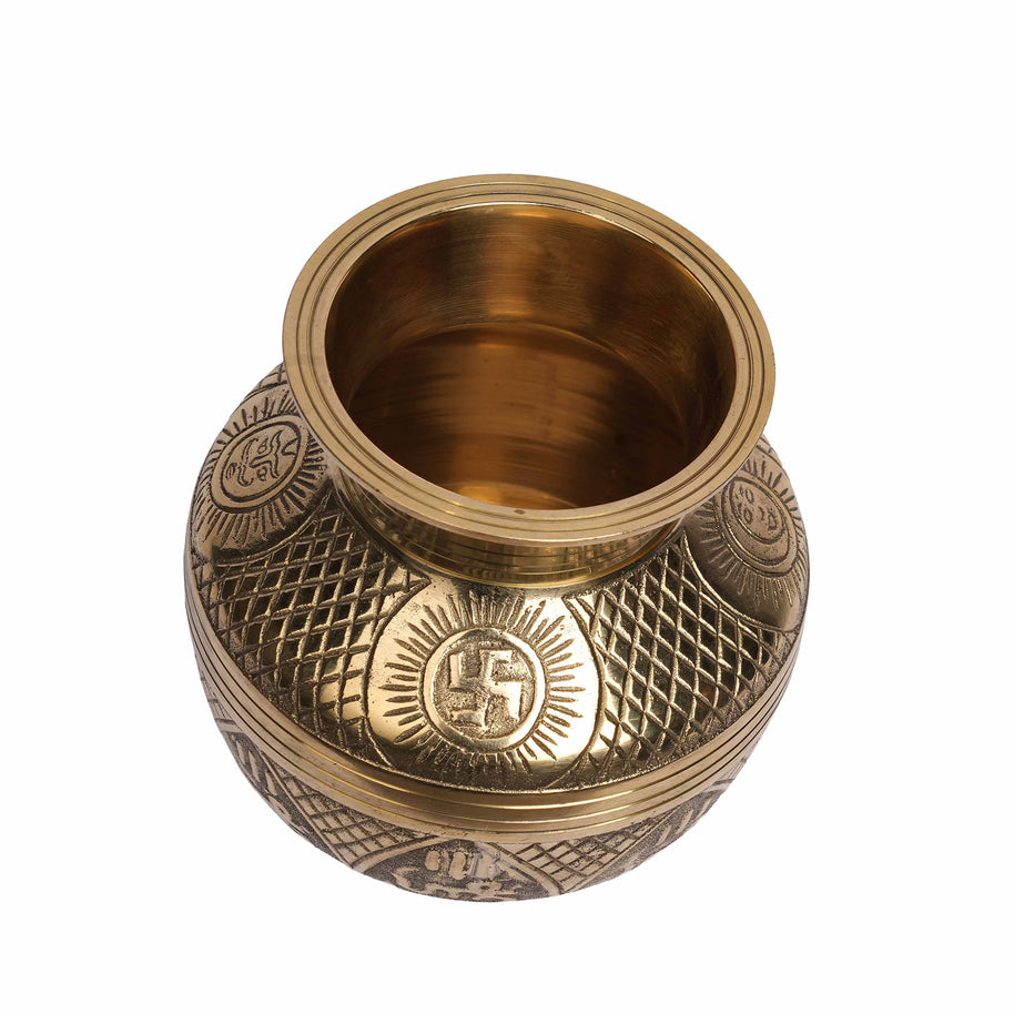 Traditional Brass Kalash Pot for Pooja | Handcrafted Engraved Sacred Kalash for Home Temple
