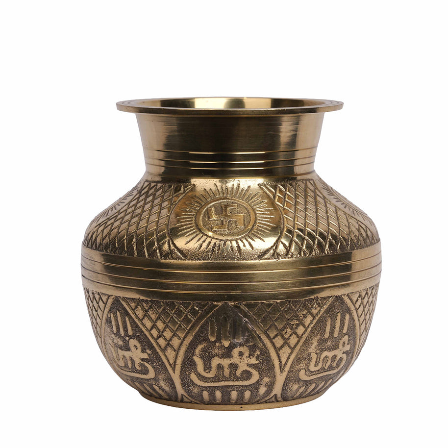 Traditional Brass Kalash Pot for Pooja | Handcrafted Engraved Sacred Kalash for Home Temple