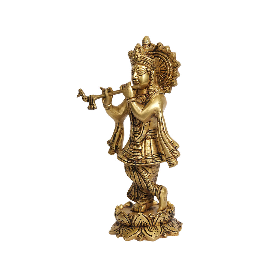 Handcrafted Brass Standing Lord Krishna Playing Flute Idol