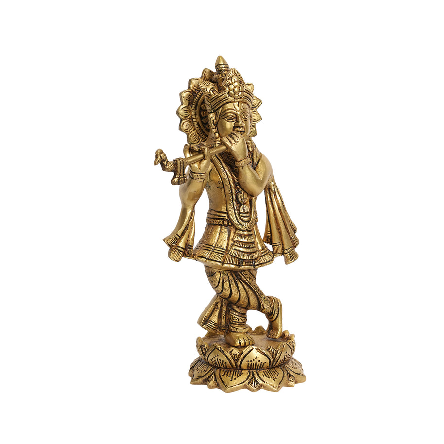 Handcrafted Brass Standing Lord Krishna Playing Flute Idol