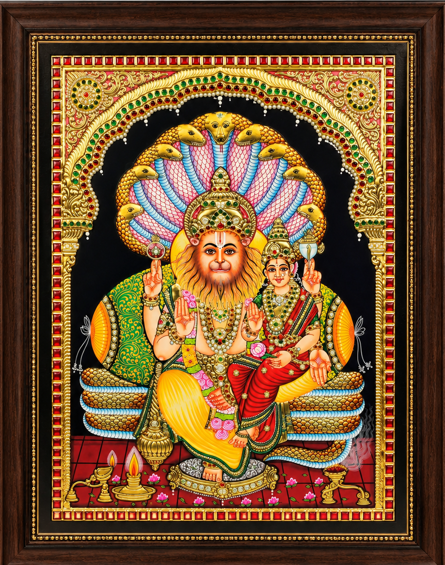 Handcrafted Tanjore Painting of Lakshmi Narasimha with 22K Gold Foil – 14 × 18 Inches