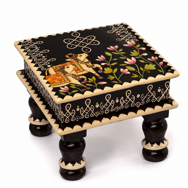 Handcrafted Wooden Cow Design Chowki
