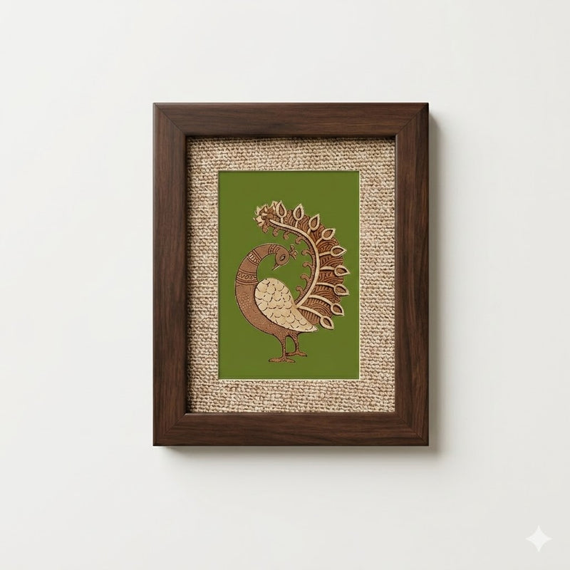 Handcrafted Peacock Wall Art in Wood Frame  With green background