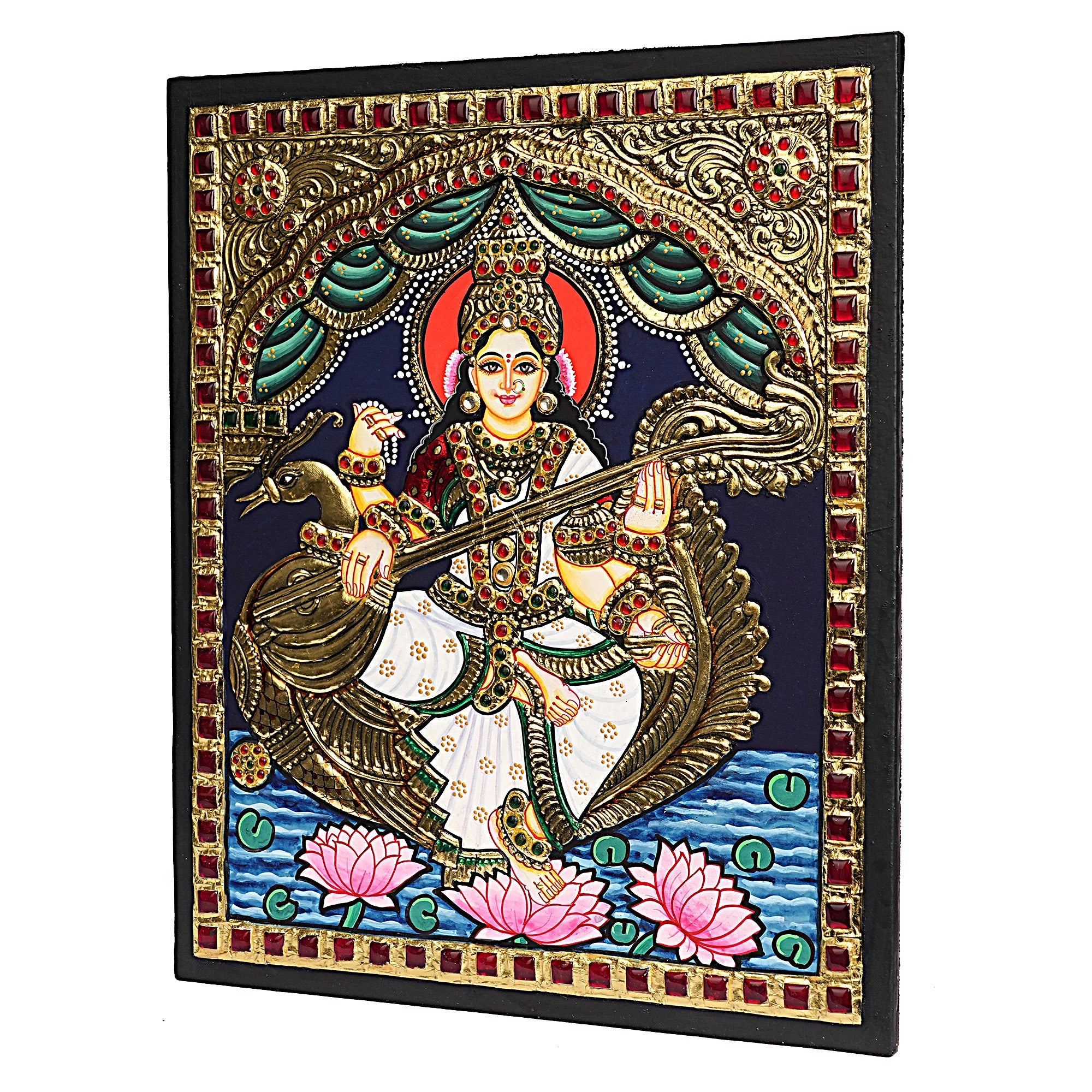 Traditional Saraswati Tanjore Art – 22K Gold Foil Handmade Painting