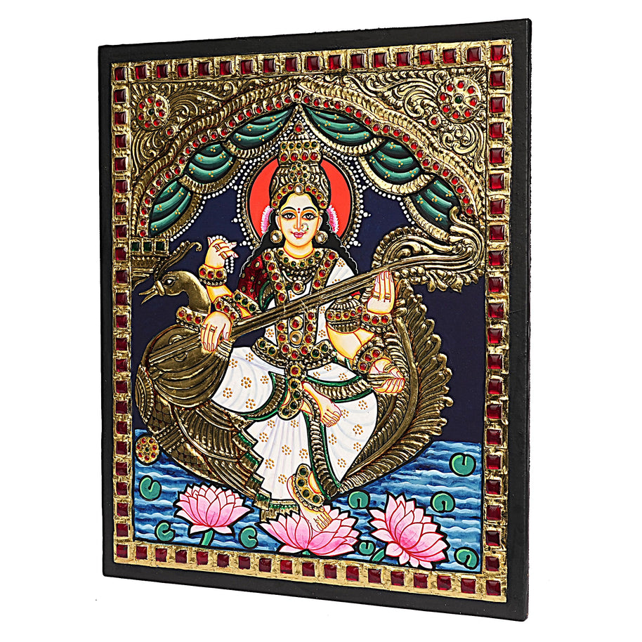 Traditional Saraswati Tanjore Art – 22K Gold Foil Handmade Painting