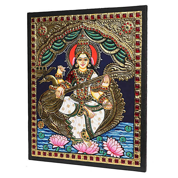 Traditional Saraswati Tanjore Art – 22K Gold Foil Handmade Painting