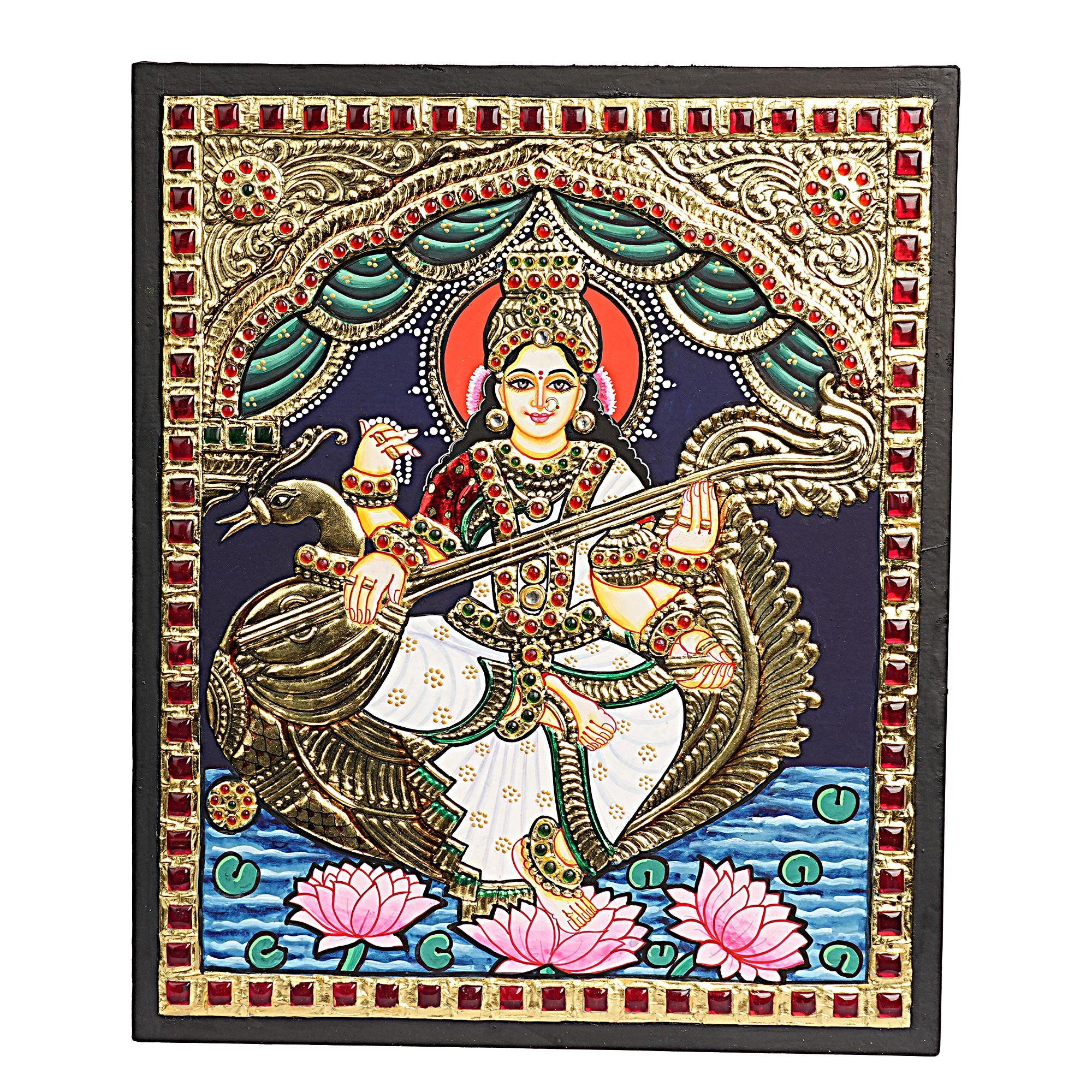 Traditional Saraswati Tanjore Art – 22K Gold Foil Handmade Painting