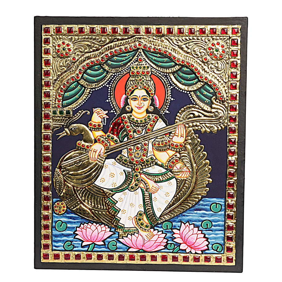 Traditional Saraswati Tanjore Art – 22K Gold Foil Handmade Painting