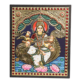 Traditional Saraswati Tanjore Art – 22K Gold Foil Handmade Painting