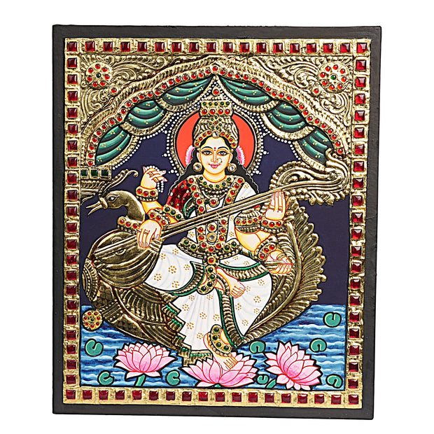 Traditional Saraswati Tanjore Art – 22K Gold Foil Handmade Painting