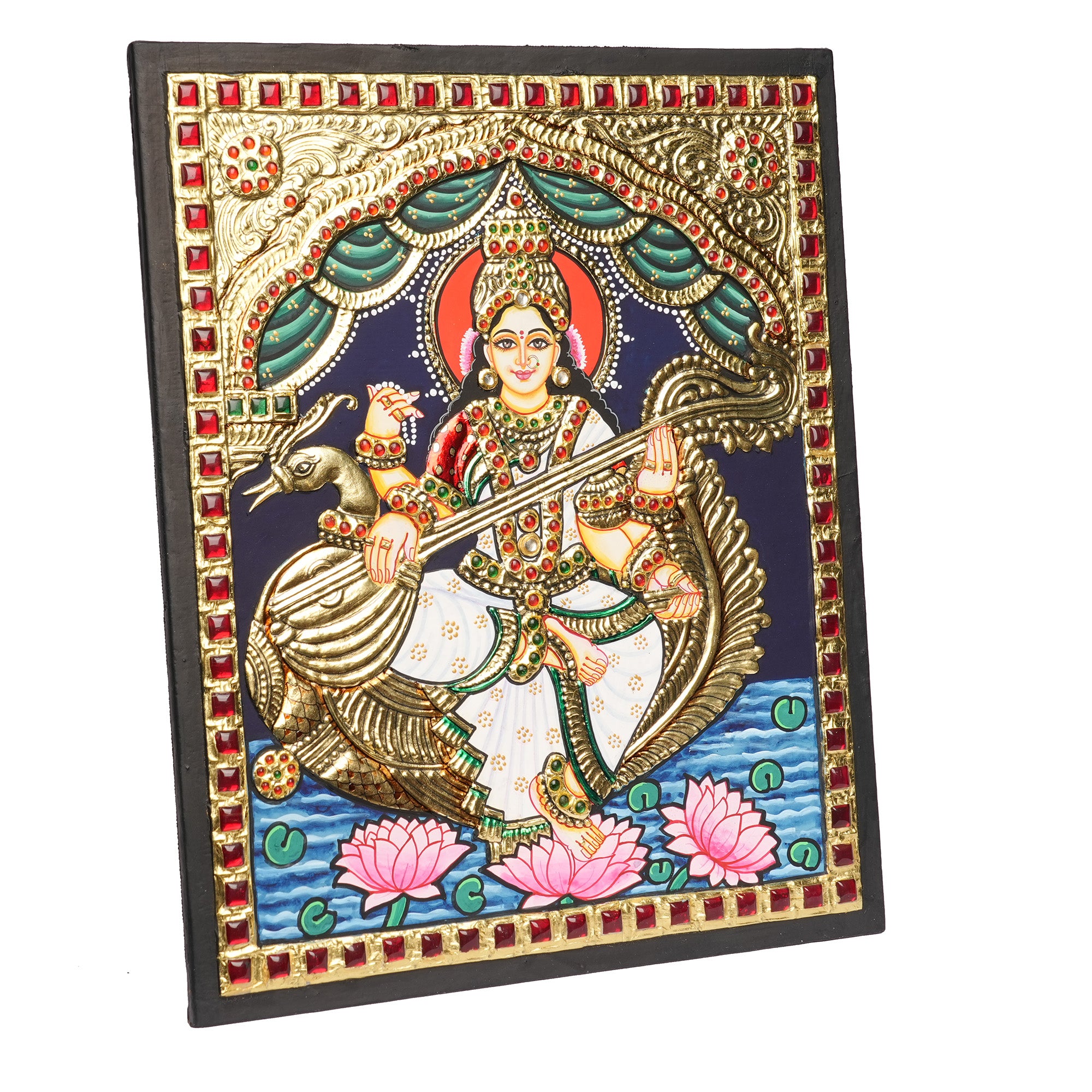 Traditional Saraswati Tanjore Art – 22K Gold Foil Handmade Painting