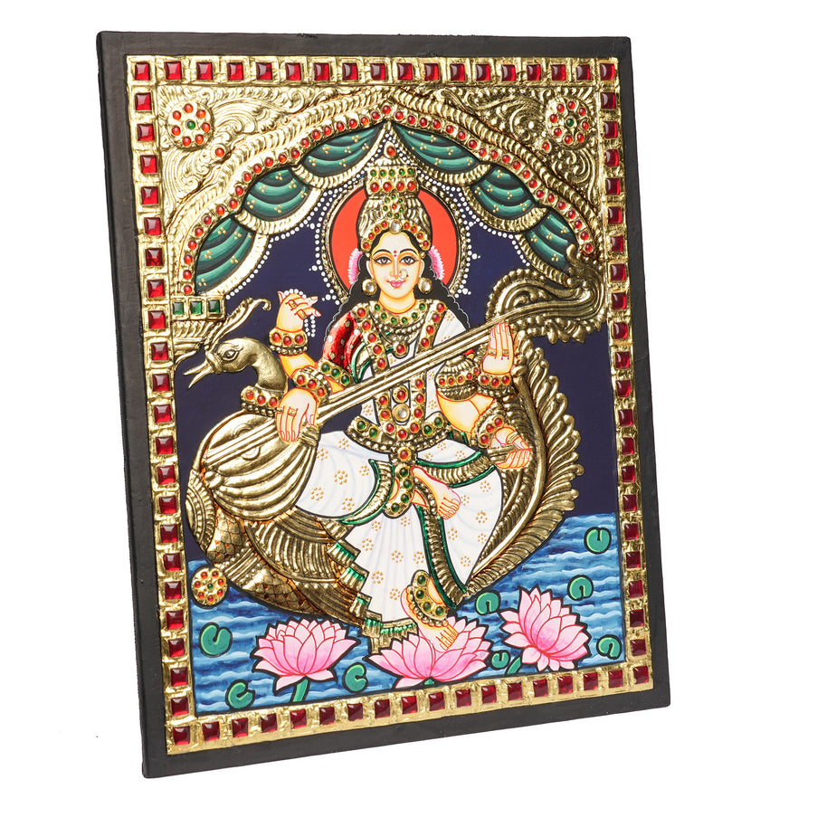 Traditional Saraswati Tanjore Art – 22K Gold Foil Handmade Painting