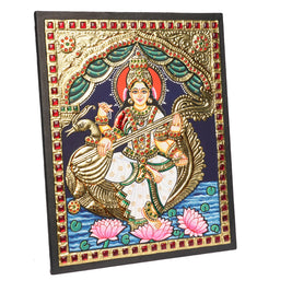 Traditional Saraswati Tanjore Art – 22K Gold Foil Handmade Painting