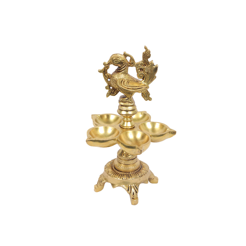 Brass Bird 5 Diya With Stand