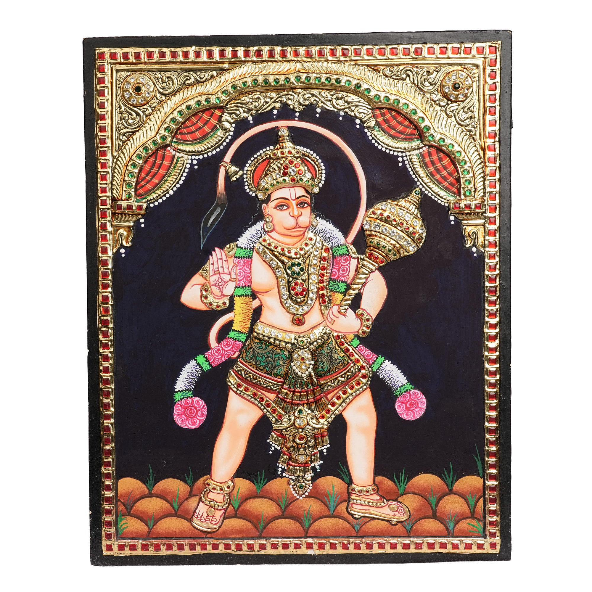 Embossed Hanuman Tanjore Painting with 22K Gold Foil – Traditional Handmade Hindu Wall Art