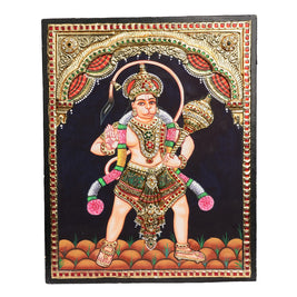 Embossed Hanuman Tanjore Painting with 22K Gold Foil – Traditional Handmade Hindu Wall Art