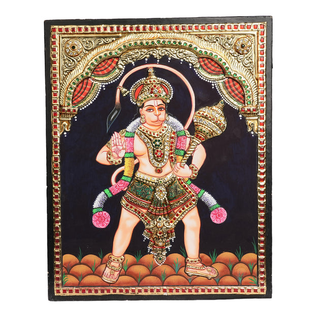 Embossed Hanuman Tanjore Painting with 22K Gold Foil – Traditional Handmade Hindu Wall Art