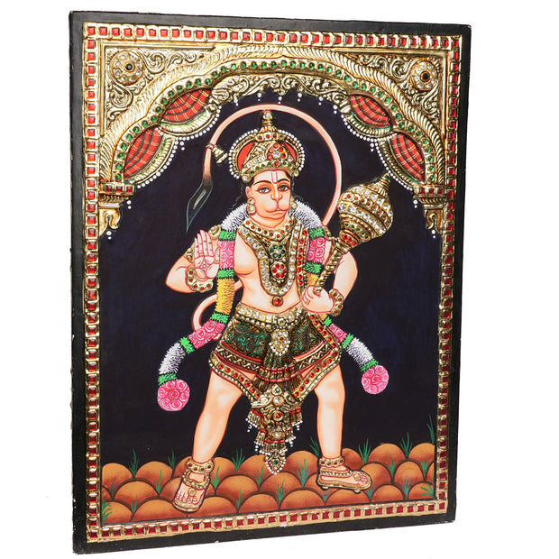 Embossed Hanuman Tanjore Painting with 22K Gold Foil – Traditional Handmade Hindu Wall Art