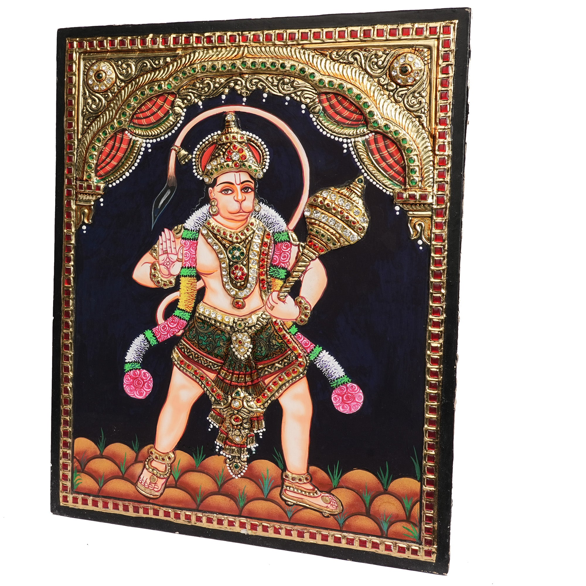Embossed Hanuman Tanjore Painting with 22K Gold Foil – Traditional Handmade Hindu Wall Art