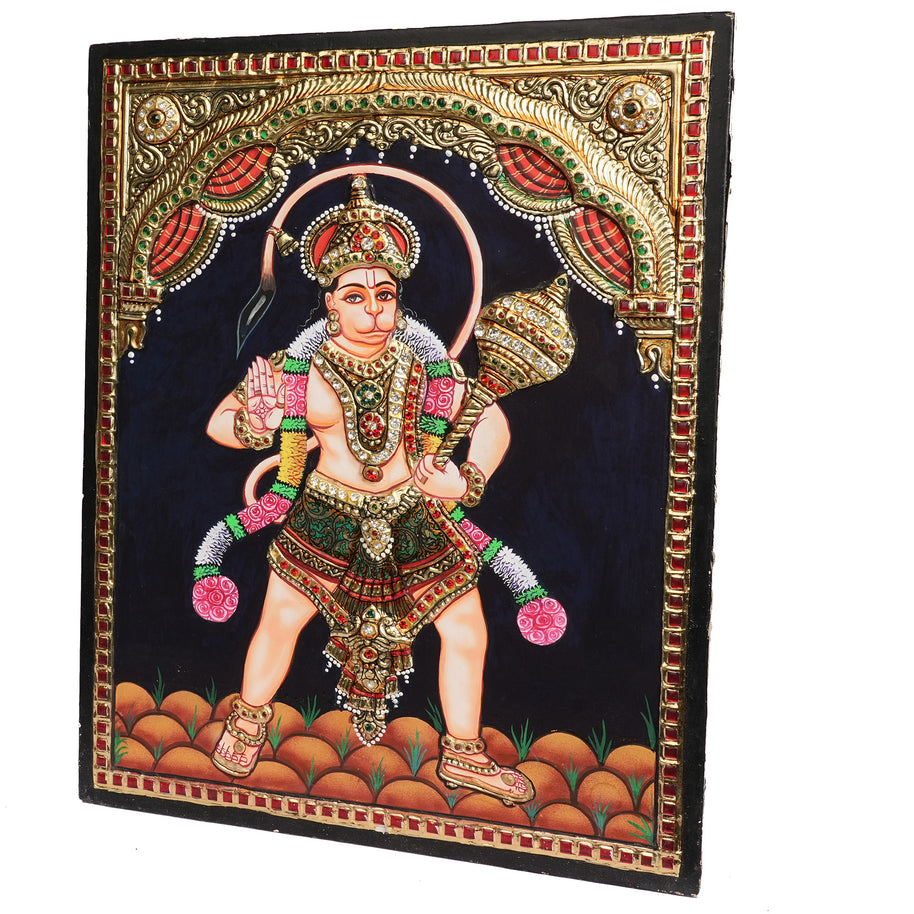 Embossed Hanuman Tanjore Painting with 22K Gold Foil – Traditional Handmade Hindu Wall Art