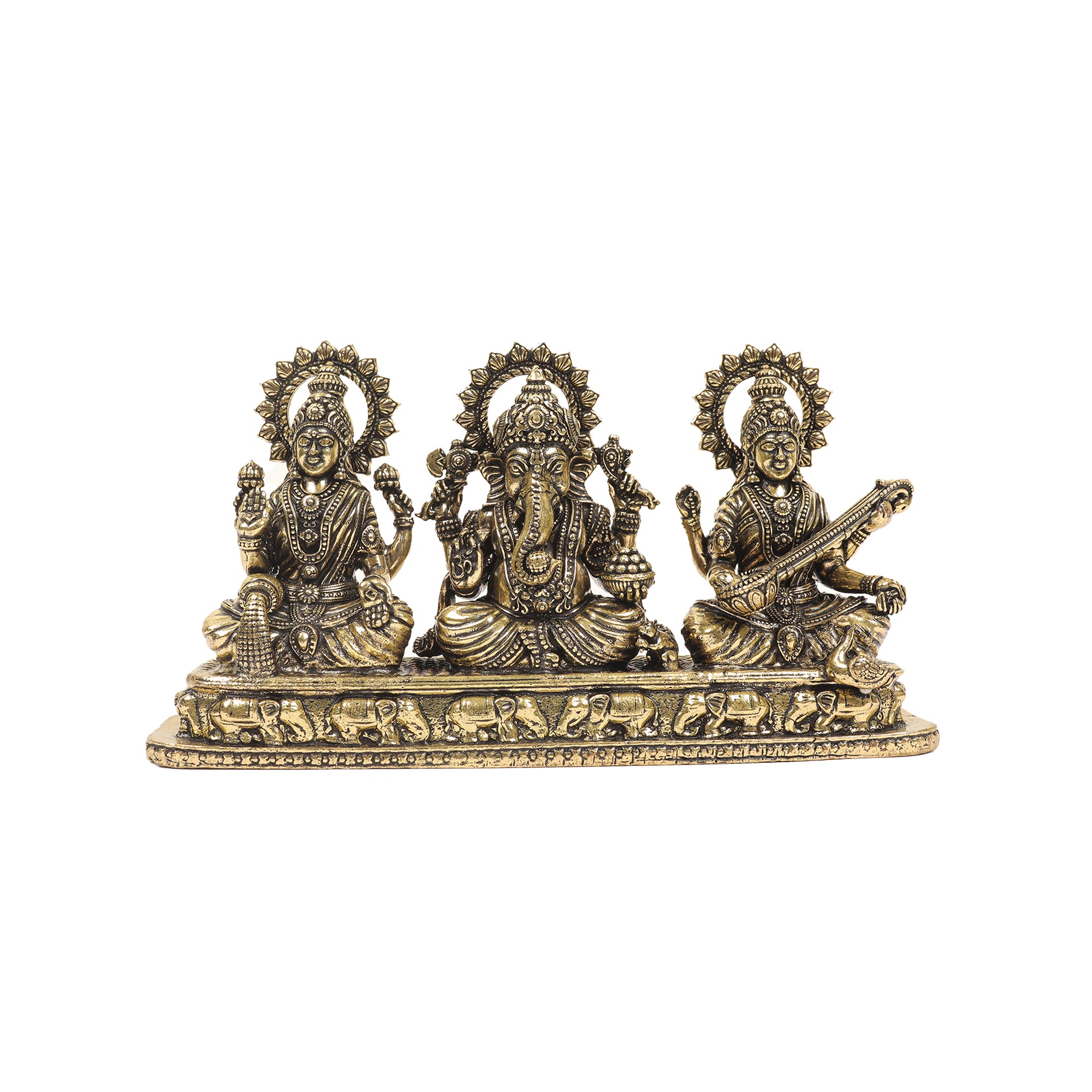 Handcrafted Brass Lakshmi Ganesha Saraswati Idol Set for Pooja and Décor